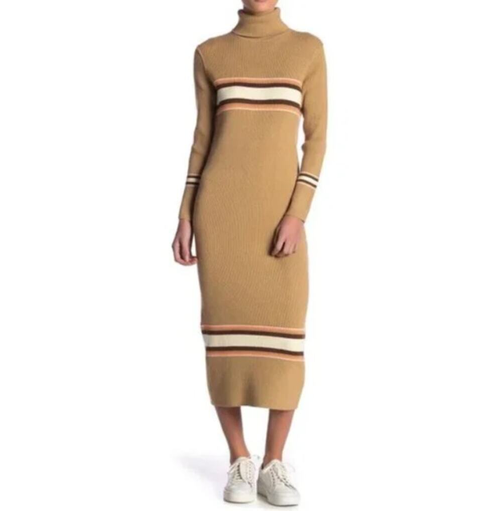 Free People Tan Brown Long Sleeve Sport Stripe Sweater Dress Midi Ribbed size XS